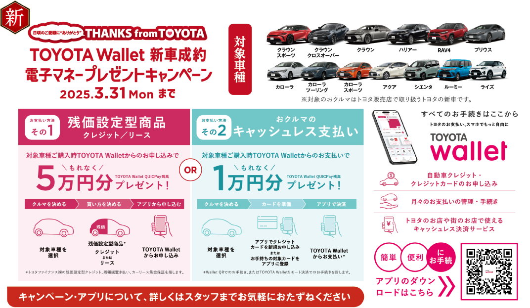 THANKS from TOYOTA トヨタウォレット新車成約 電子マネープレゼントキャンペーン 2025年3月31日月曜まで。残価設定型商品(クレジット／リース)でもれなく5万円分プレゼント、またはおクルマのキャッシュレス支払いでもれなく1万円分プレゼント